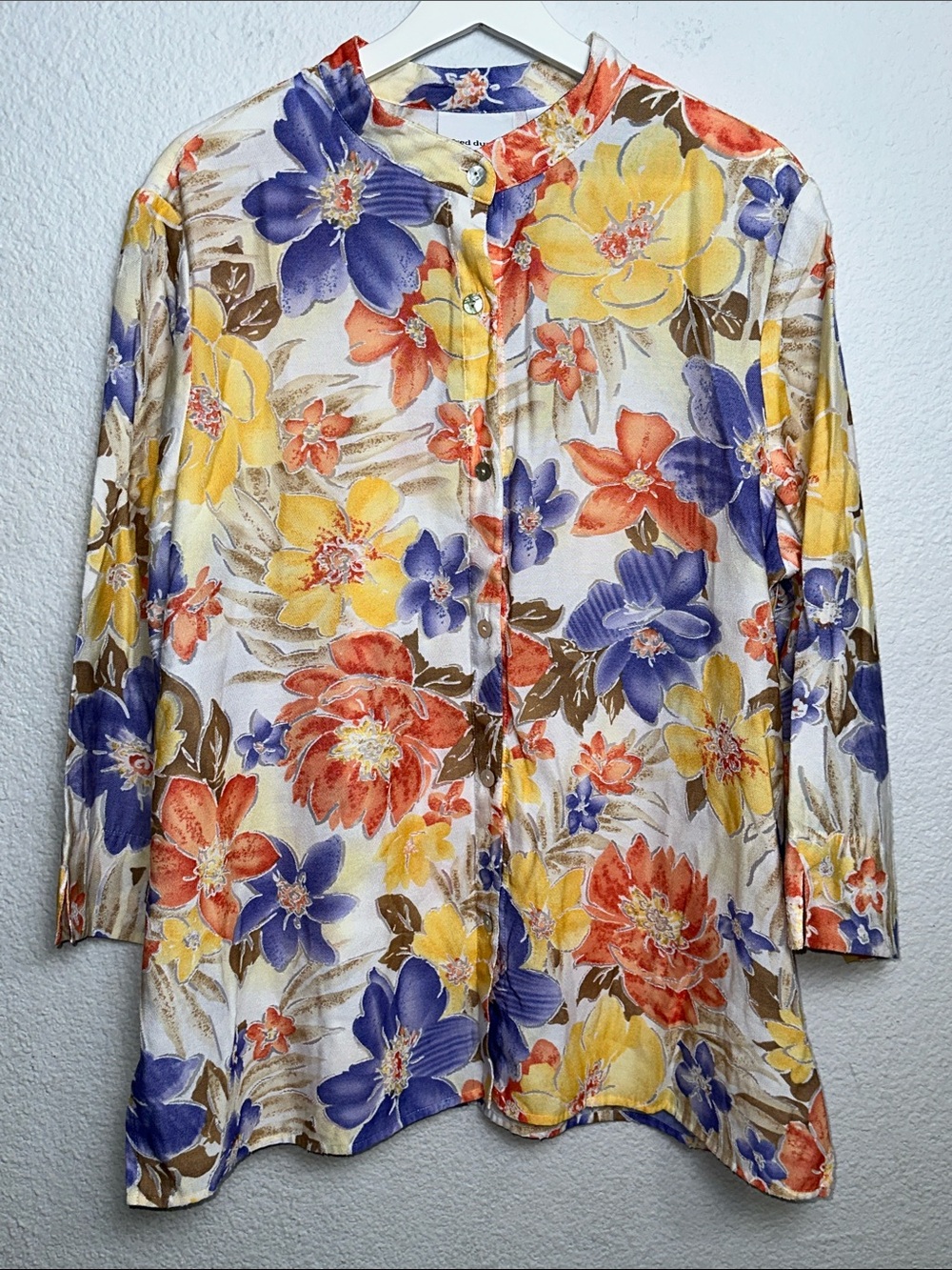 Alfred Dunner Button Down Top Womens 18 Yellow Blue Floral Coastal Grandma